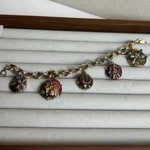 Monet Gold Tone Enamel Nature Charm Bracelet Dragonfly Bee Butterfly Vintage 7"